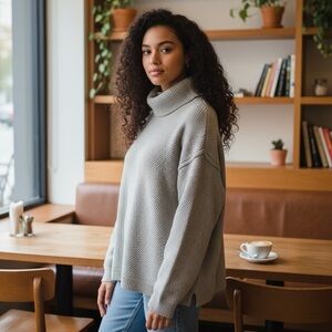 FP Beach Free People Textured Cozy Tan Turtleneck Oversized Sweater Size S #1702